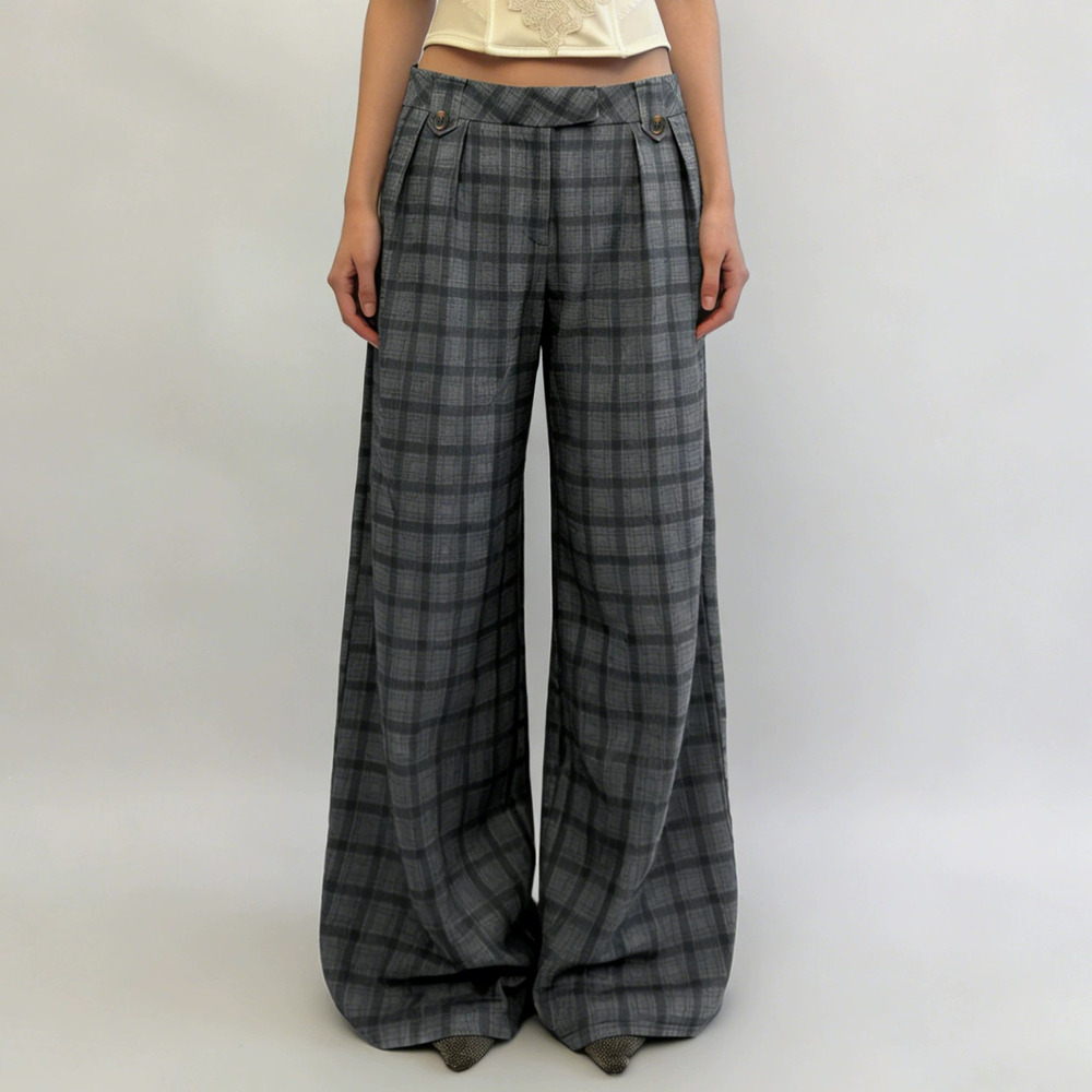Zara Retro Plaid High Waist Wide Leg Straight Trousers Casual Drape Pants